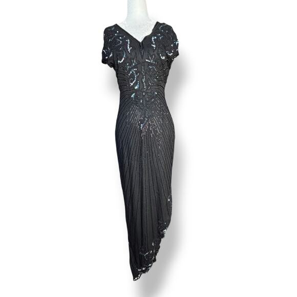 Vintage 80s Black Beaded Sequin Evening Gown Asymmetrical Hem Dress Column Maxi - Picture 1 of 10